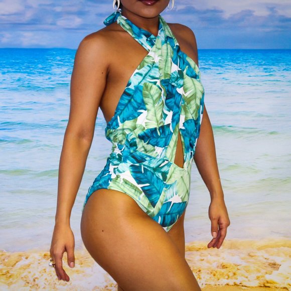 TROPICAL PRINT HALTER TIE HIGH WAIST MONOKINI - Picture 2 of 4